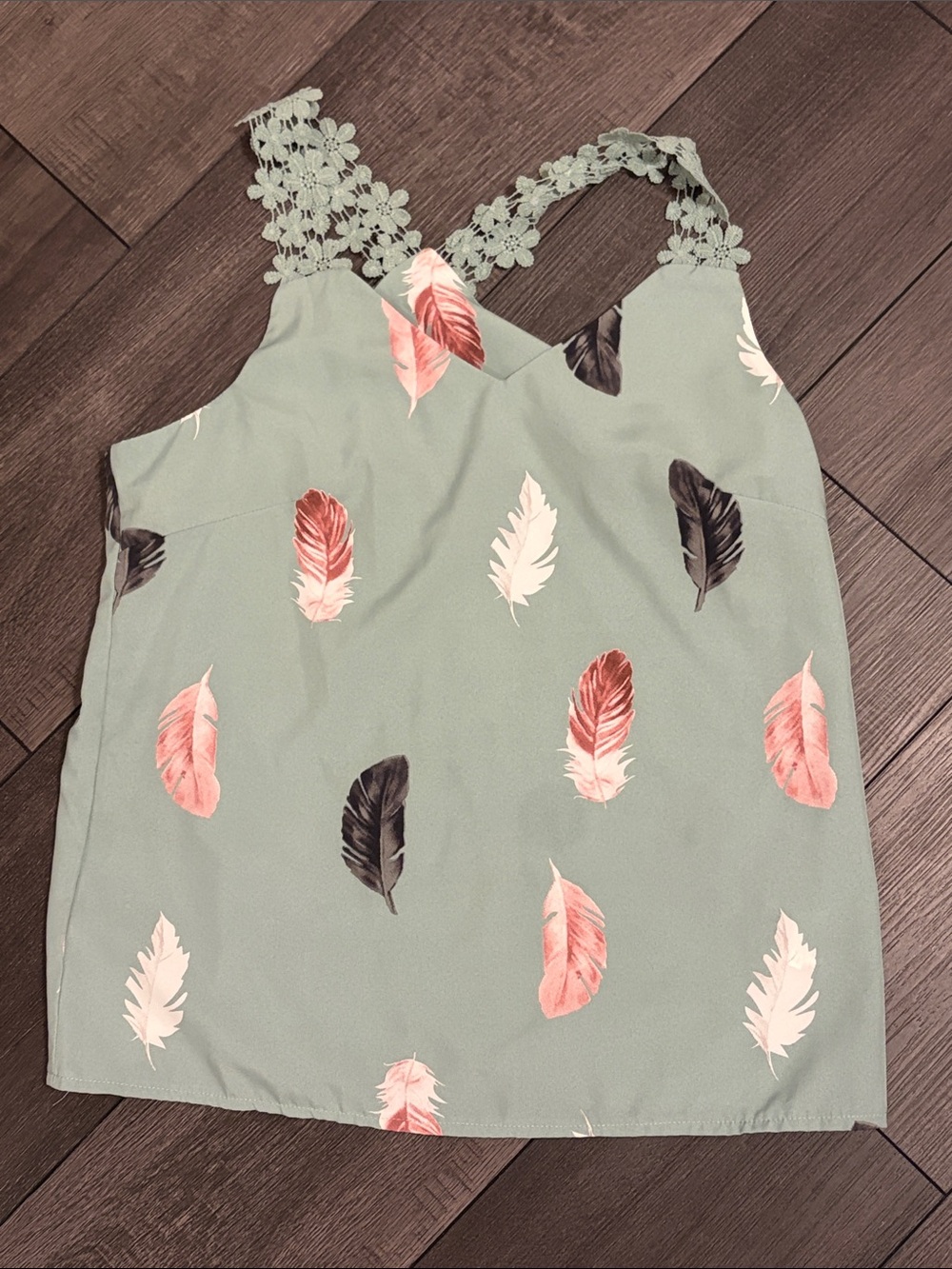 Lace Strap Feather Print Tank Top - Sage Green